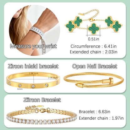 Gold Bracelets for Women, 18K Gold Plated Women Tennis Bracelets Clover Nail Love Bangle Bracelet Set, Gold Bracelet Stackable Set Trendy Jewelry, Gifts for Women's Day and Mother's Day - color: 11-Color- 4 Green