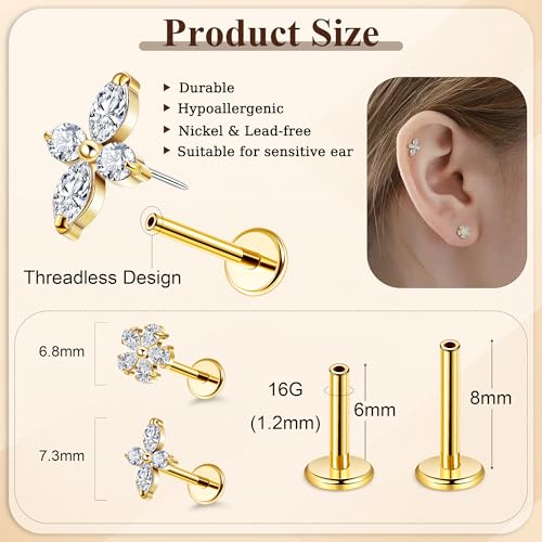 NICEIGHT 2Pcs 16G 18G F136 Titanium Threadless Cartilage Earrings Stud for Women Flat Back Push in Helix Tragus Labret Monroe Stud Hypoallergenic Flower Conch Lobe Stud Piercing Jewelry 6/8MM - color: Gold, size: 16G