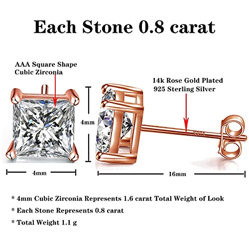 925 Sterling Silver Stud Earrings 4 Prong Princess Cut Square Cubic Zirconia Ear Stud for Women Men CZ 4mm-7mm - style: Rose Gold--1.60cttw (4mm)