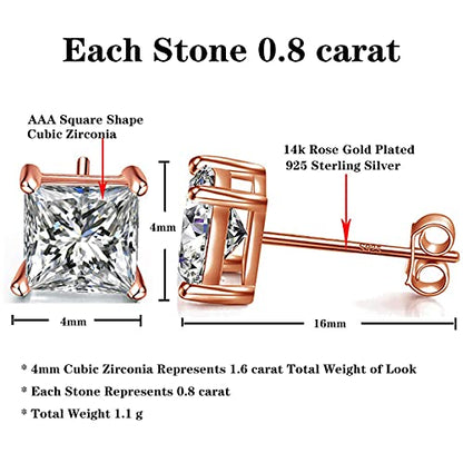 925 Sterling Silver Stud Earrings 4 Prong Princess Cut Square Cubic Zirconia Ear Stud for Women Men CZ 4mm-7mm - style: Rose Gold--1.60cttw (4mm)