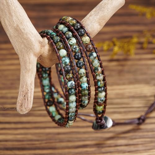 Plumiss Women Boho Handmade Natural Stone Crystal Leather Bead Wrap Bracelets Collection - style: 4mm African Turquoise 3W