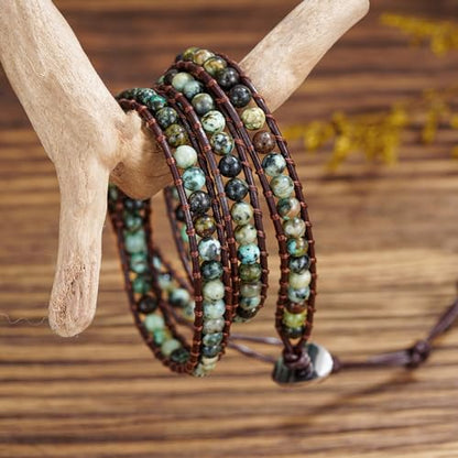 Plumiss Women Boho Handmade Natural Stone Crystal Leather Bead Wrap Bracelets Collection - style: 4mm African Turquoise 3W