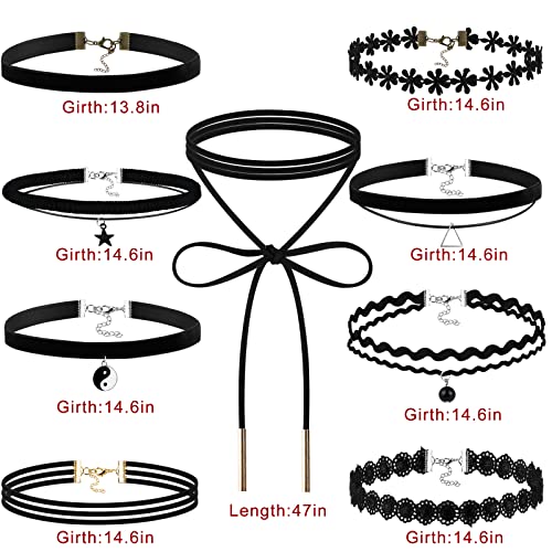 Outee 9 Pcs Choker Set Black Chokers Necklaces for Women Black Velvet Choker Necklaces Ribbon Chokers for Women