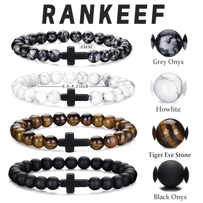 Mens Beaded Bracelets Set 8MM Tiger Eye Lava Stone Stretch Natural Stone Men's Bead Bracelet Mens Bracelet - color: 4,Cross-Bracelet-A
