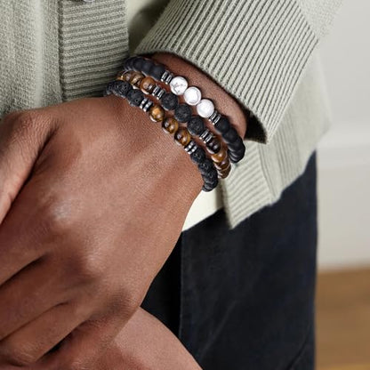 RANKEEF Tiger Eye Bracelet For Men 8MM Natural Stone Stretch Adjustable Black Crystal Beaded Bracelet for Men Women Gifts - color: 4,black,white,brown