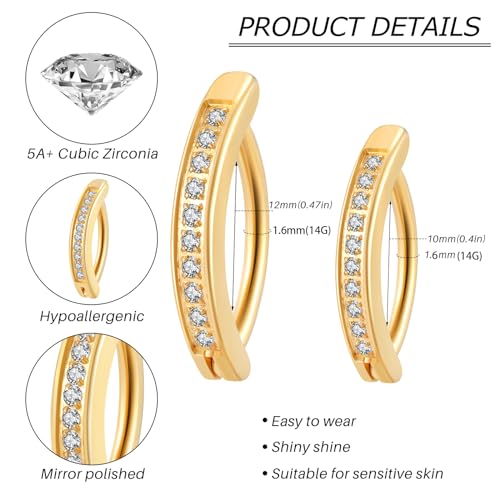 Clicker Belly Button Ring Hoop Belly Button Ring 14G Navel Ring | Surgical stainless steel hinged belly button ring for belly button piercing, navel body jewelry for women and men - color: CZ-Gold