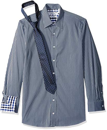 Nick Graham Mens Stretch Modern Fit Stripe Dress Shirt and Dot Grid Tie Set - color: Navy/Grey, size: Small