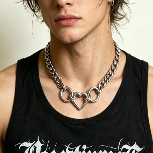 MIFYNN Heart O ring Slip Chain Necklaces for Women Stainless Steel Cuban Chain Bar Necklace Punk Rock Collar Necklace Handmade Adjustable Lariat Y Necklaces for Men - color: Heart choker
