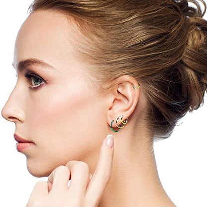 4Pcs 16G 18G 20G Surgical-Steel-Piercing-Ring-Nose-Rings-Hinged-Hoop-Earrings,6mm 8mm 10mm 12mm Seamless Stainless Steel Clicker Eyebrow Septum Piercing Hoop,Sliver Black Gold Rose Gold Rainbow Body Jewelry Set - color: 16G Rainbow
