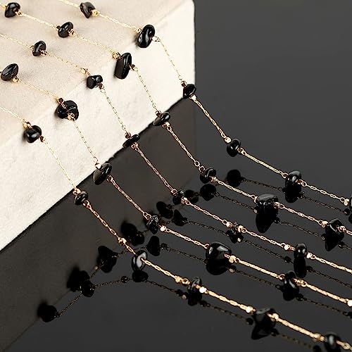 KYUNHOO Black Natural Stone Jewelry Chains Bulk Gold Plated Craft Chain | 16.4 Feet Irregular Stones Chains for Jewelry Making Brass Gold Chain for Necklace Bracelet DIY - color: Natural Stone-Black