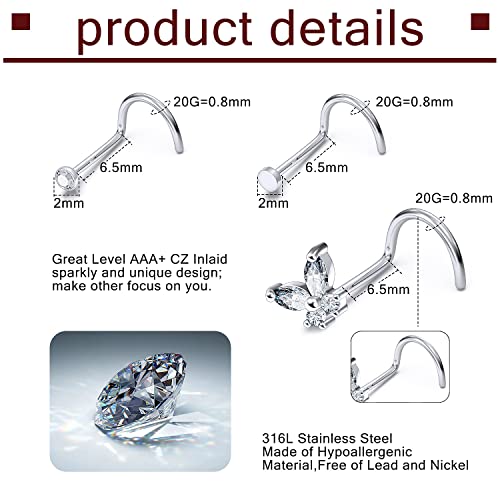 Prjndjw 20G 18G Nose Rings Studs Surgical Steel Nose Stud Glow Dark Heart Opal CZ Flower Nose Piercing Jewelry Nose Rings for Women Straight Screw L Shaped Nose Rings Hypoallergenic Nose Piercing Kit - color: 20G-Twisted nose rings