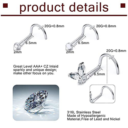 Prjndjw 20G 18G Nose Rings Studs Surgical Steel Nose Stud Glow Dark Heart Opal CZ Flower Nose Piercing Jewelry Nose Rings for Women Straight Screw L Shaped Nose Rings Hypoallergenic Nose Piercing Kit - color: 20G-Twisted nose rings
