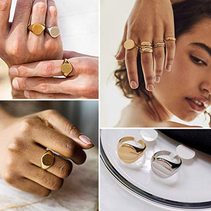 GoldChic Jewelry Personalized Signet Rings Men Women, Stainless Steel Custom Photo Bold Square/Oval Monogram/Old English Initial Pinky Stacking Statement Ring in Black/Silver/Gold (Size 7-14) - color: Gold-Blank - Round