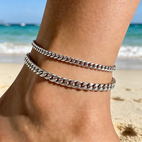 Silver Ankle Bracelets for Women Waterproof Stainless Steel Anklet Adjustable Layered Cuban Silver Anklets Set Summer Beach Foot Jewelry Gift - color: Cuban silver
