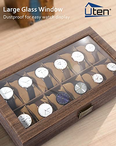 Uten Watch Box 12 Slots, Watch Case Organizer with Real Glass Lid, Wood Grain PU Leather Watch Display Storage Box with Removable Imitation Suede Watch Pillows, Metal Clasp | Watch Jewelry Box, Soft Pillow, Metal Clasp, for Watch Size up to 55mm, Gifts fo