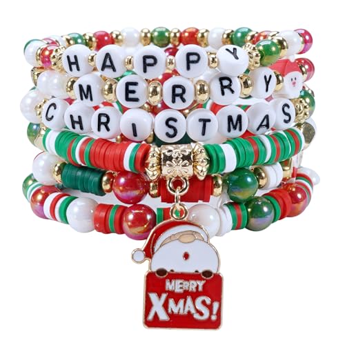 Ardorchid Halloween Bracelets for Women Pumpkin Ghost Steleton Bat Skull Beaded Stackable Stretchy Bracelet Rugby Thanksgiving Christmas Heishi Bracelets - color: Christmas Bracelets-5