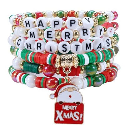 Ardorchid Halloween Bracelets for Women Pumpkin Ghost Steleton Bat Skull Beaded Stackable Stretchy Bracelet Rugby Thanksgiving Christmas Heishi Bracelets - color: Christmas Bracelets-5