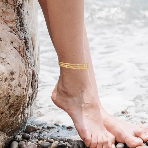 Nanafast Women's Ankle Bracelets, Sparkling Multi-layer Anklet Bracelets for Women, Adjustable Shiny Gold/Silver Anklets for Women, Beach Cute Anklets Jewelry for Summer - color: 3layersGold