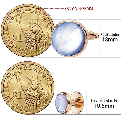 HAWSON Cufflinks and Tuxedo Studs Set for Men with Gift Box, Mother-of-Pearl Cuff links for French Cuff Shirt and Dress Shirt, Suitable for Wedding, Birthday, Party - style: Rose Gold & Blue Mother of Pearl