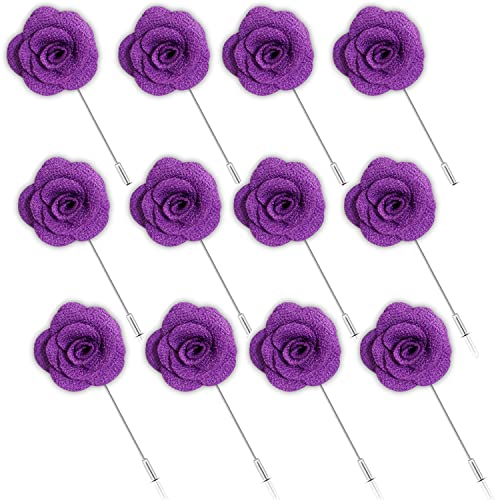 12 Pcs Flower Lapel Pins, Handmade Camellia Flower Boutonniere for Men Women Suit Wedding Party - color: 12x purple-pins