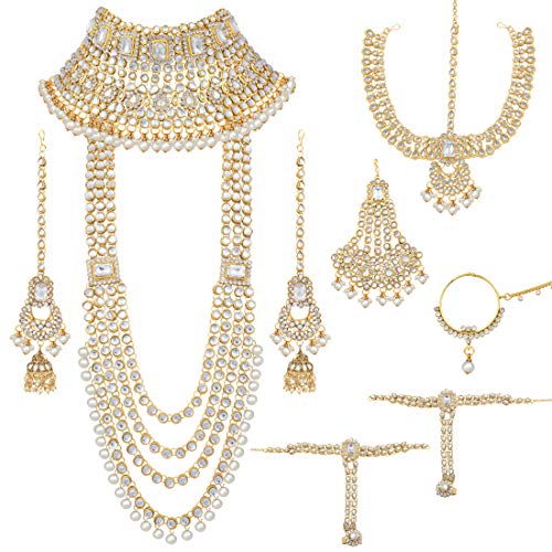 Aheli Traditional Wedding Indian Bharatanatyam jewellery set Long Choker Necklace Earrings Maang Tikka Nath Paasa Hath Phool for Women - color: White-1