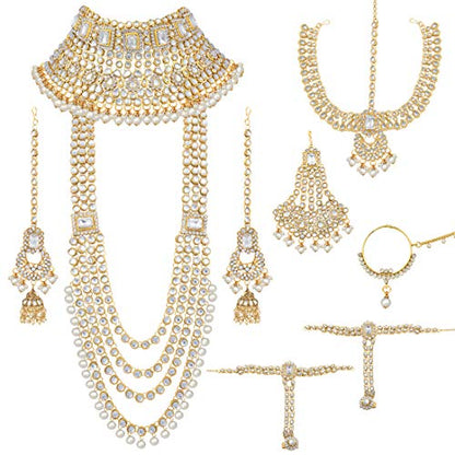 Aheli Traditional Wedding Indian Bharatanatyam jewellery set Long Choker Necklace Earrings Maang Tikka Nath Paasa Hath Phool for Women - color: White-1