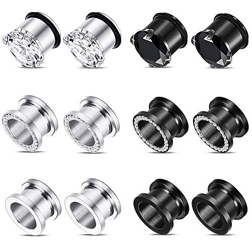Longbeauty 12pcs Gorgeous Cubic Zirconia Tunnels 316L Stainless Steel Ear Gauges Earring Plugs for Ears Screw Fit Body Piercing Jewelry 4g-3/4 - color: Gauge=6g(4mm)