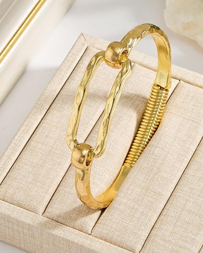 Chunky Gold Bangle for Women 14k Gold Plated Hammered Paperclip Cuff Bracelet Minimalist Geometric Cuff Statement Modern Style Party Holiday Jewelry Accessories Gifts