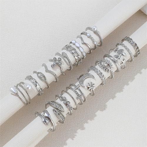 HUASAI Gold Stackable Rings Set for Women Boho Dainty Moon Star Pearl Leaf Cubic Zirconia Heart Midi Pinky Trendy Jewelry Birthday Gifts - color: C Silver 23 Pcs