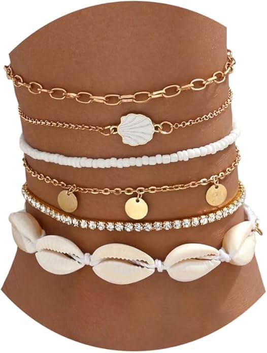 Qceasiy Starfish Ankle Bracelets for Women, Boho Beaded Beach Anklets Set | Gold-plated layered anklets in seashell, disc, and conch styles, with stretch or adjustable fits for summer beach outfits. - color: White 2