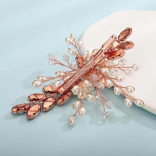 Xerling Rose Gold Rhinestones Crystal Flower Hair Barrettes Clip Boho Bridal Pearl Hair Jewelry Accessories for Women Wedding Floral Headpieces (Rose Gold) - color: Rose Gold