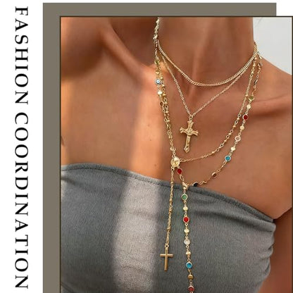 Gold Cross Layered Necklaces for Women,Colorful Crystal Drop Necklace,Gold Cross Pendant Necklace Stack,Fashion Long Tassel Chest Chain Jewelry Layered Rhinestone Neck Chain Accessories - color: Gold-1