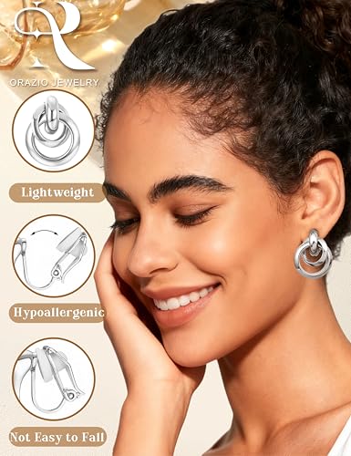 ORAZIO 4Pairs Clip On Earrings for Women Gold Silver Clip On Hoop Earrings Chunky Teardrop Clip Earrings Twist Round Clip On Stud Earrings No Piercing Fake Earrings Set - color: Silver Tone