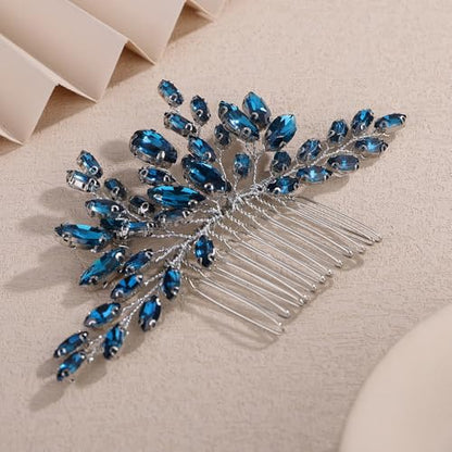 Teyglen Bridal Crystal Hair Comb Full Rhinestone Wedding Hair Comb Blue Teardrop Hair Piece for Bride Wedding Hair Accessories for Women Bridal Headpiece (Peacock blue) - color: Peacock blue