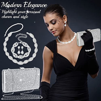 Mixweer 4 Pieces Clutch Purses Bag for Women Evening Rhinestone Jewelry Set Bling Necklace Earrings Bracelets Set for Wedding - style: Vintage Style