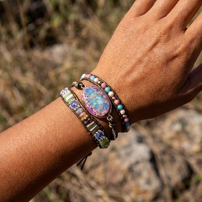 YGLINE Boho Handmade Natural Stone Wrap Bracelets Jasper Crystal Beads Bracelet Jewelry - color: jasper 1-3 wrap