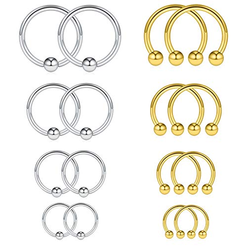 16-24PCS 16G Surgical Steel Horseshoe & Captive Bead Nose Hoop Septum Earring Eyebrow Tongue Lip Nipple Helix Tragus Piercing Jewelry Rings 6-16mm - color: 16PCS - Silver & Gold