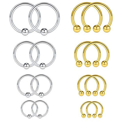 16-24PCS 16G Surgical Steel Horseshoe & Captive Bead Nose Hoop Septum Earring Eyebrow Tongue Lip Nipple Helix Tragus Piercing Jewelry Rings 6-16mm - color: 16PCS - Silver & Gold