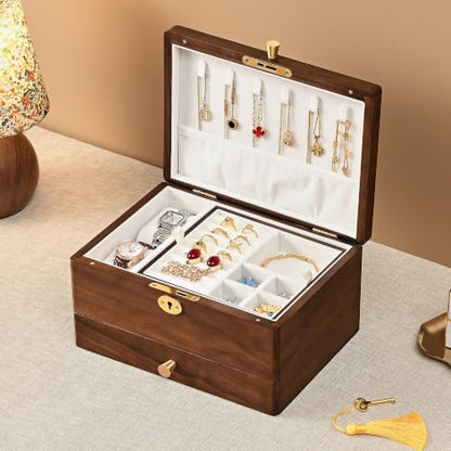 Black Walnut Jewelry Box for Women, Top Lock Wooden Organizer with Drawer | 3 Layer, Solid Wood, Removable Tray, Lock Key, Necklace Ring Earrings Watch Bracelet Case, Handcrafted, Gift for Mom Girls - color: 3 Layer Top Lock