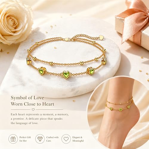 Midari 18K Yellow Gold Gemstone Birthstone Anklet Bracelet Heart Jewelry with 12 Months Birthstone Birthday Gifts for Women Wife Her Daughter Mom - color: 08-Aug-Peridot, size: Anklet 9"-11"