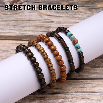Mens Beaded Bracelets Tribal Wooden Elastic Adjustable Prayer Beads Wrap Cuff for Women - color: Q: 5pcs