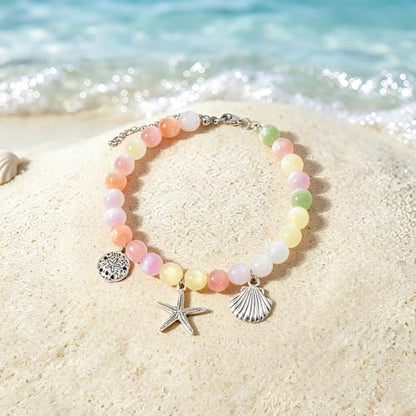 COLORFUL BLING Dopamine UV Reactive Color Changing Resin Beaded Anklet for Women Boho Starfish Seashell Turtle Dolphin Charm Foot Chain Summer Beach Vacation Jewelry - style: style 2