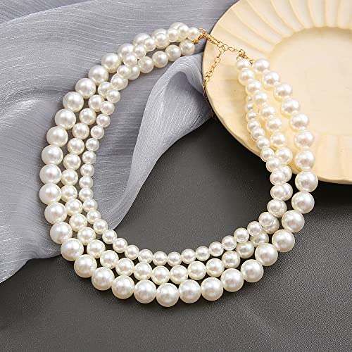 3 Strand Pearl Necklaces for Women Faux Pearl Choker Necklace for Women White Three Strand Pearls Necklace for Wife Layered Pearl Necklace for Mother Pearl Gifts
