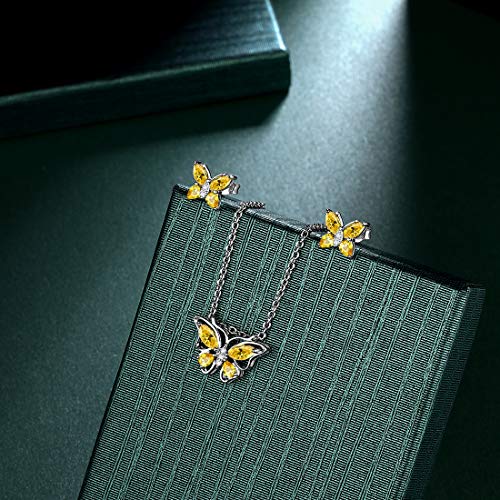925 Sterling Silver Birthstone Butterfly Jewelry Women Crystal Animal Cute Butterflies Birthday Necklace/Earring/Ring/Bracelet Sets Birth Stone Statement Anniversary Jewellery - color: 1-K.November-Citrine