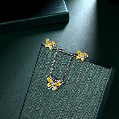 925 Sterling Silver Birthstone Butterfly Jewelry Women Crystal Animal Cute Butterflies Birthday Necklace/Earring/Ring/Bracelet Sets Birth Stone Statement Anniversary Jewellery - color: 1-K.November-Citrine