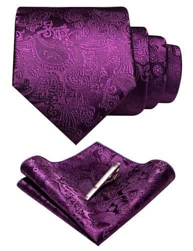 JEMYGINS Mens Solid Color Paisley Necktie and Pocket Square with Tie Clip Sets - color: Purple2