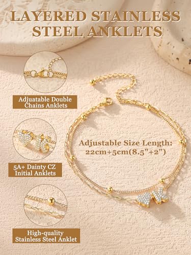 KeyStyle Heart Initial Ankle Bracelets for Women, Layered CZ A-Z Letter | 14K Gold Plated or Silver Stainless Steel Anklet, Hypoallergenic Waterproof Layered Jewelry for Daily Wear & Special Gifts - color: Gold-A