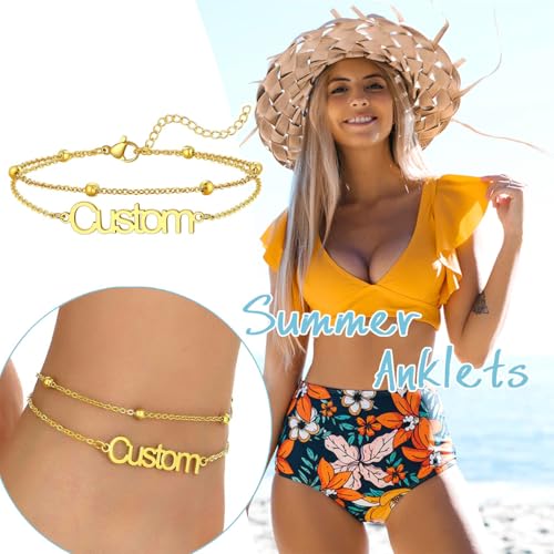 U7 Custom Layered Ankle Bracelets for Women Stainless Steel Bead/Cuban/Figaro/Rope/Wheat Chain Anklet Waterproof Anklet Jewelry for Beach Vacation - color: a-Gold Plated-Bead Chain