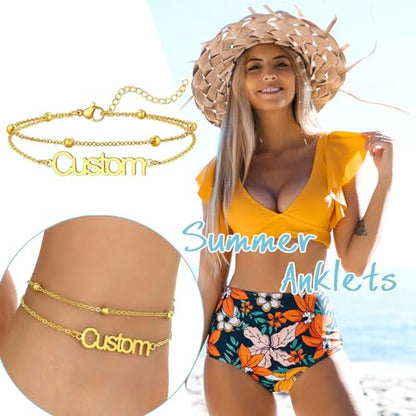 U7 Custom Layered Ankle Bracelets for Women Stainless Steel Bead/Cuban/Figaro/Rope/Wheat Chain Anklet Waterproof Anklet Jewelry for Beach Vacation - color: a-Gold Plated-Bead Chain