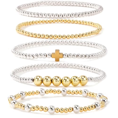 5Pcs Stack Gold Plated Ball Beaded Bracelets Set for Women, Boho Handmade Colorful Glass Pearl Stretch Accessories Jewelry, Summer Beach Daily Wear Holiday Friendship Gift - color: Silver